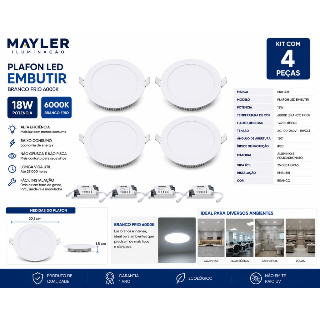 KIT 4 PLAFON REDONDO BRANCO DE EMBUTIR BRANCO FRIO 6000K 18W PAINEL LED 22,1CM MAYLER