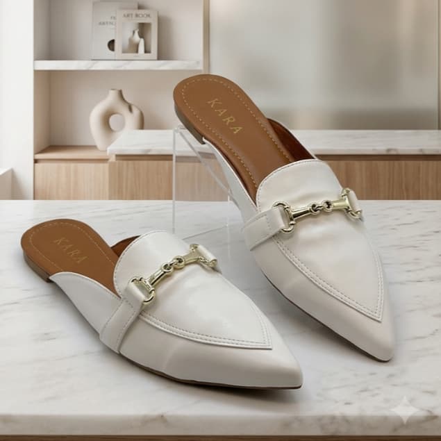 Mule Feminino Branco Bico Fino Rasteira Confortável Elegante