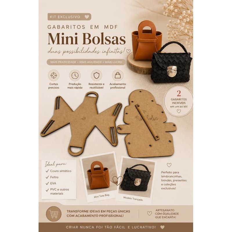 Kit Gabaritos em MDF para mini Bolsas | Mini Tote Bag + bolsinha | Moldes para Couro Sintético, Feltro e EVA