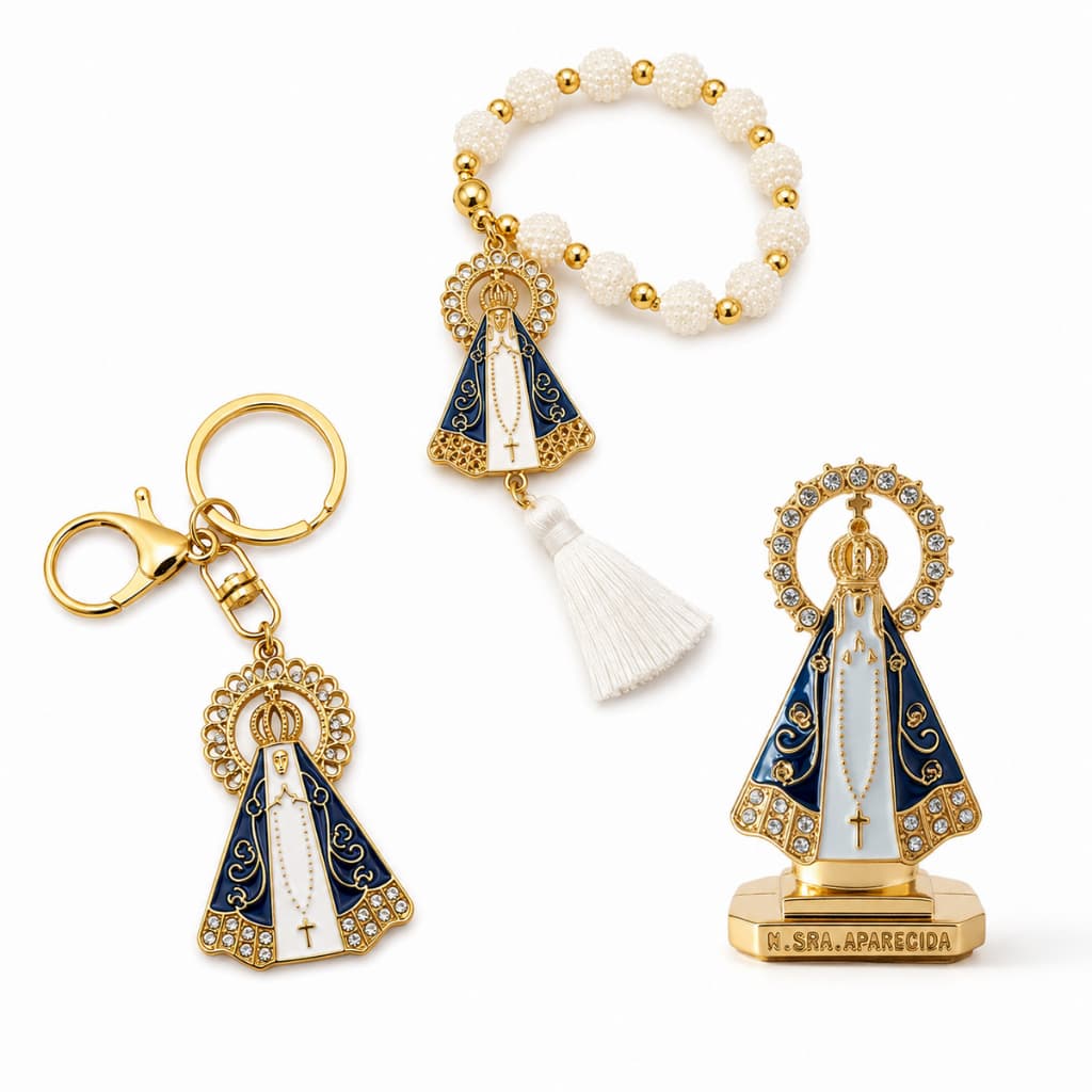 Kit Nossa Senhora Aparecida para Carro Santinha Terço Dezena e Chaveiro