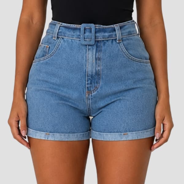 Short Jeans Tradicional Feminino Fivela Forrada Cintura Alta Barra Italiana Estilo Casual Atemporal