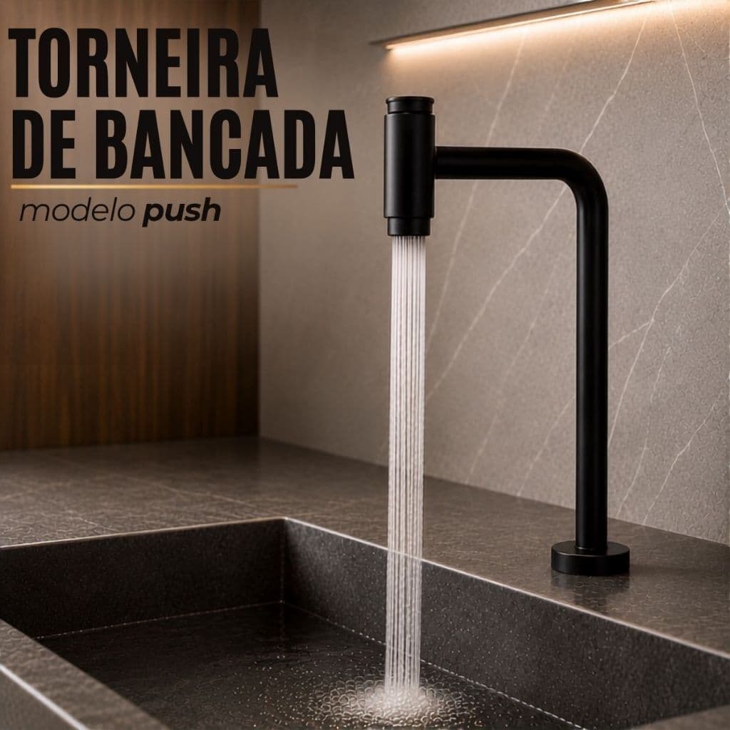 Torneira de Mesa Bancada Alta | Preta | Em Aço Inox Modelo Push com Acionamento por Botão, Bica Alta Giratória