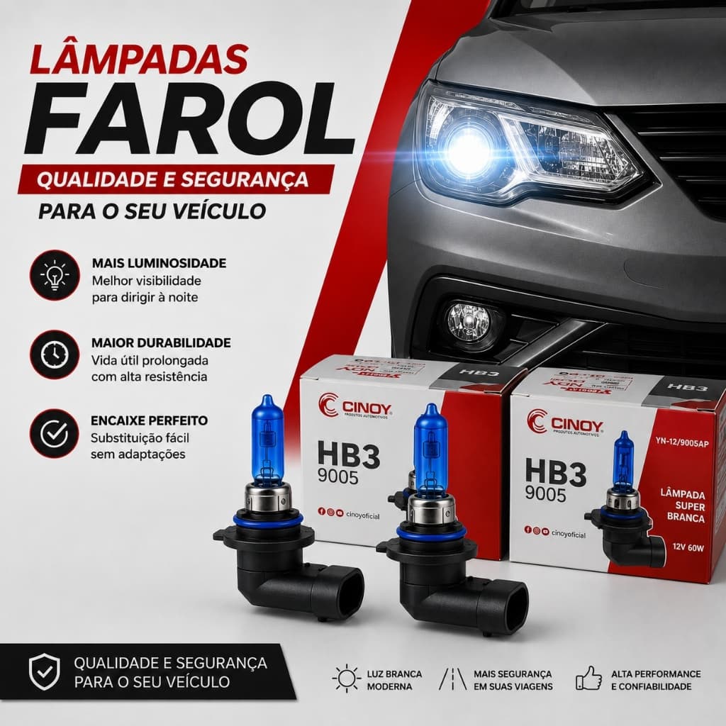 Par Lâmpadas HB3 Super Branca Cinoy Efeito Xenon 12V Farol Automotivo Encaixe Padrão