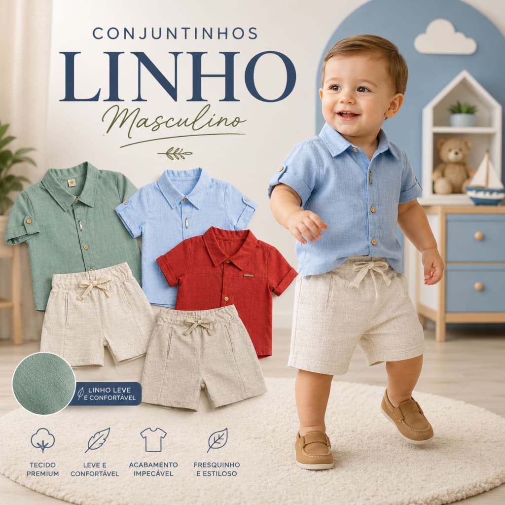 Conjunto infantil masculino short linho+camisa de botões para meninos estilosos Conjunto Social Baby Kids Em Linho