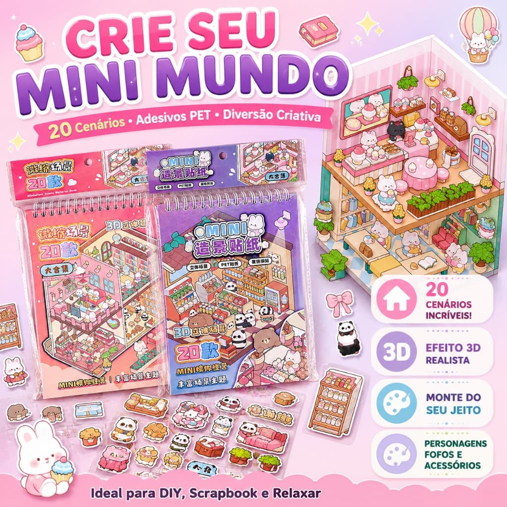 Caderno Adesivos 3d com 20 Cenários para Montar e Decorar sem pinças