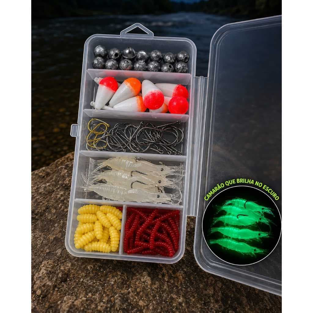 Kit de Pesca 82 Peças com Iscas Artificiais, Minhocas com Aroma, Camarão Fluorescente, Anzóis e Estojo