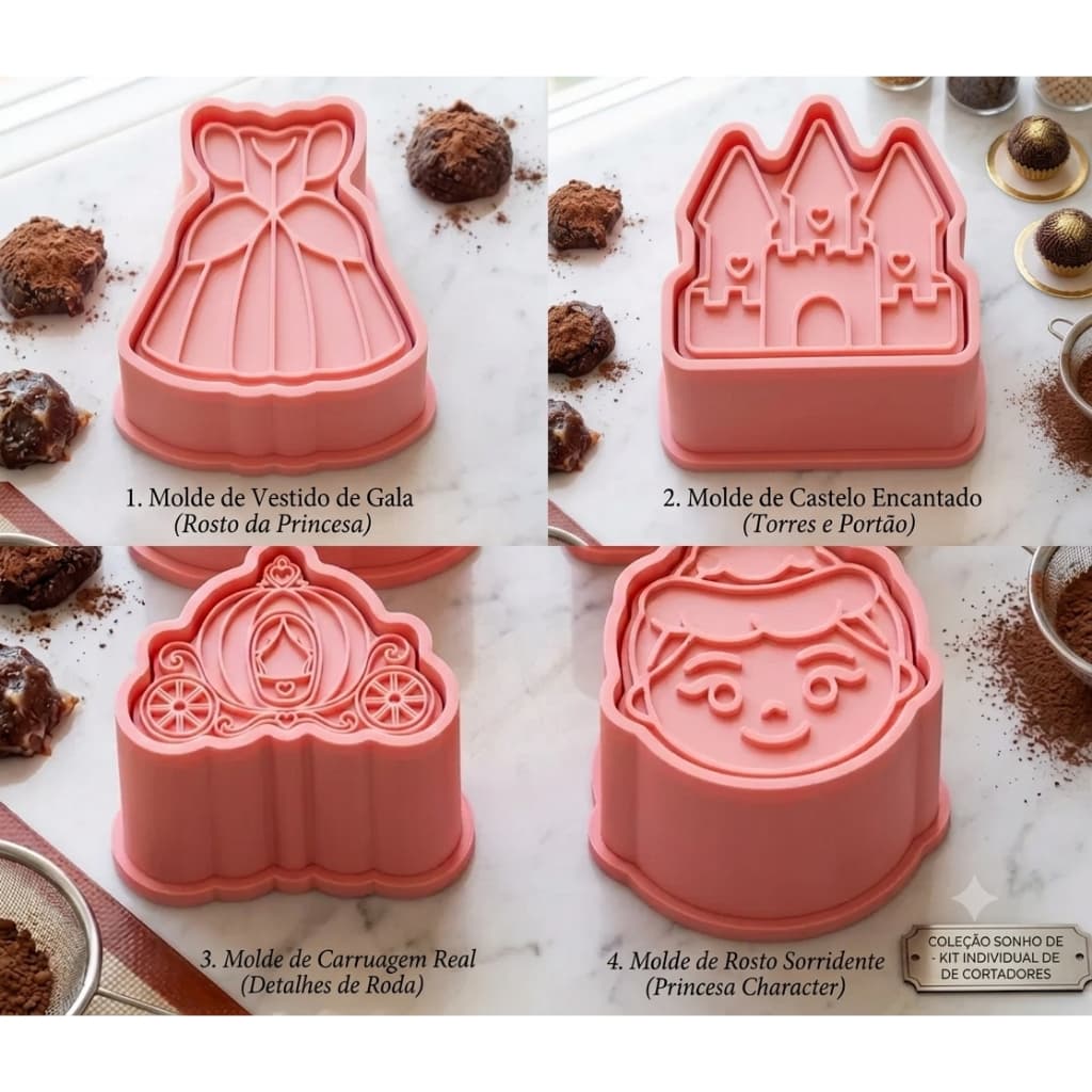 Kit 4 Cortadores de Biscoito e Brigadeiro Princesa Rosa - Vestido, Castelo, Carruagem e Princesa