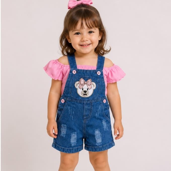 Jardineira Short Jeans Infantil de Menina bordado Blogueirinha bebê