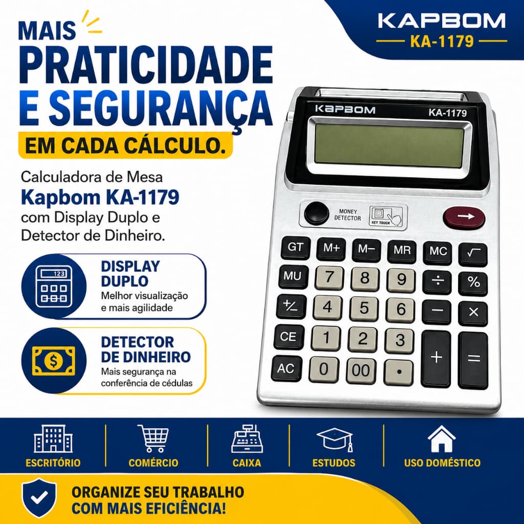 Calculadora Eletrônica de Mesa 2 Telas LCD Kapbom KA-1179 Detector de Dinheiro 30 Teclas Display Grande
