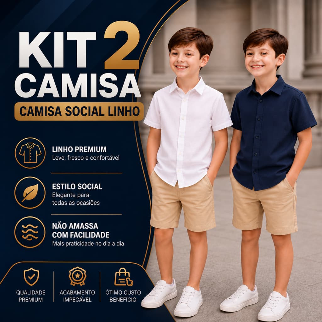 Kit 2 Camisas Sociais Infantil Menino Linho Manga Curta Varias Cores Tamanho 4 ao 14