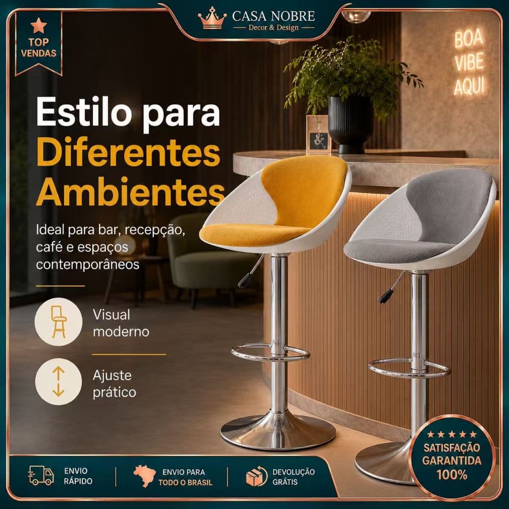 2 cadeiras Banqueta Bar Formato Ovo Altura Ajustável, Estrutura Cromada Giratória Ideal Para Balcão De Cozinha E