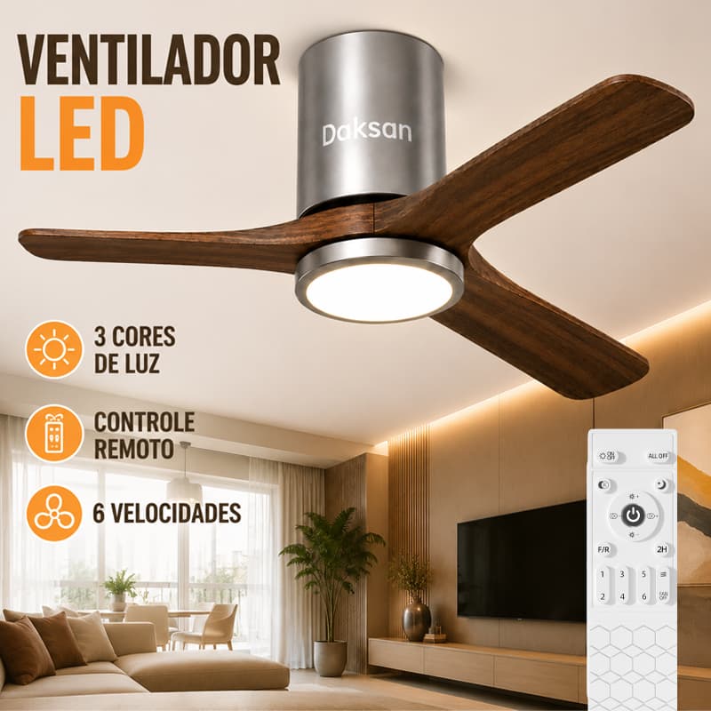 Ventilador De Teto Madeira Moderno Com Luz E Controle Remoto Bivolt 6 Velocidades Silencioso