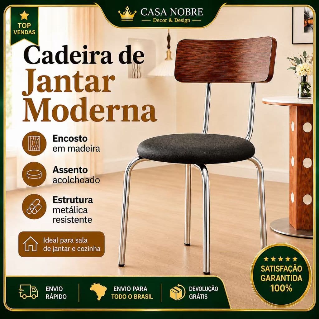 4 Cadeira Mid-Century Estrutura Prata, Encosto Imbuia E Assento Preto Estofado, Versátil Para Escritório, Cozinha