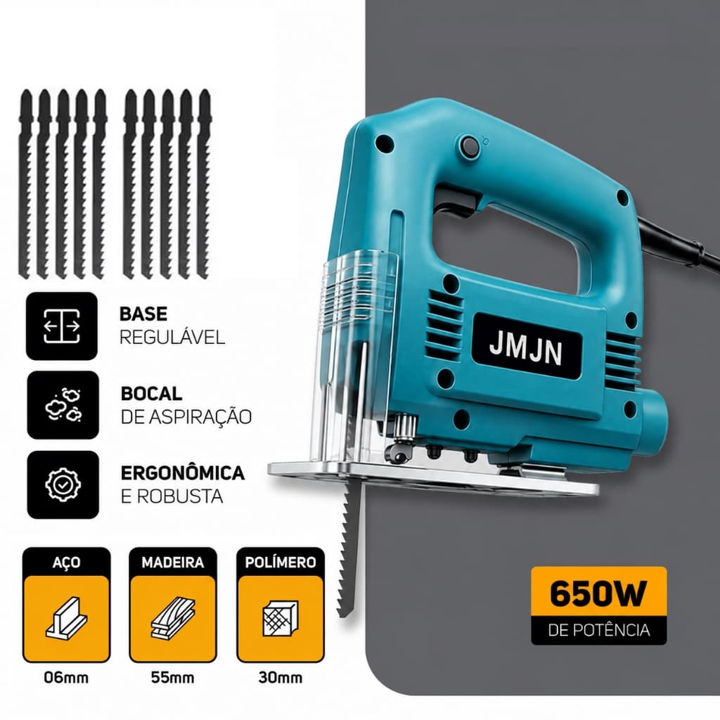 Serra Tico Tico Elétrica 220V 650W com 10 Lâminas para Corte de Madeira e Compensado