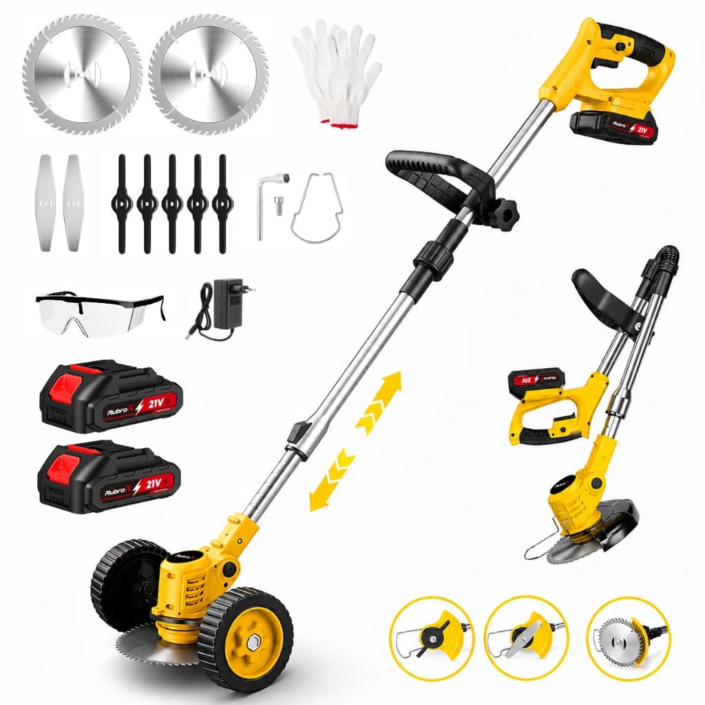 Cortador Grama Sem Fio RubroX 21V, Motor Cobre 20000RPM, 4 Lâminas Mato Alto, Bateria Dupla 90min