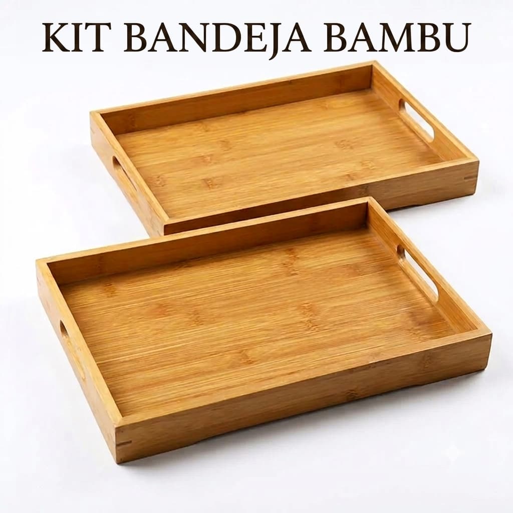Kit Bandeja de Bambu Retangular com Alça para Servir Café da Manhã Multiuso Organizadora 40cm