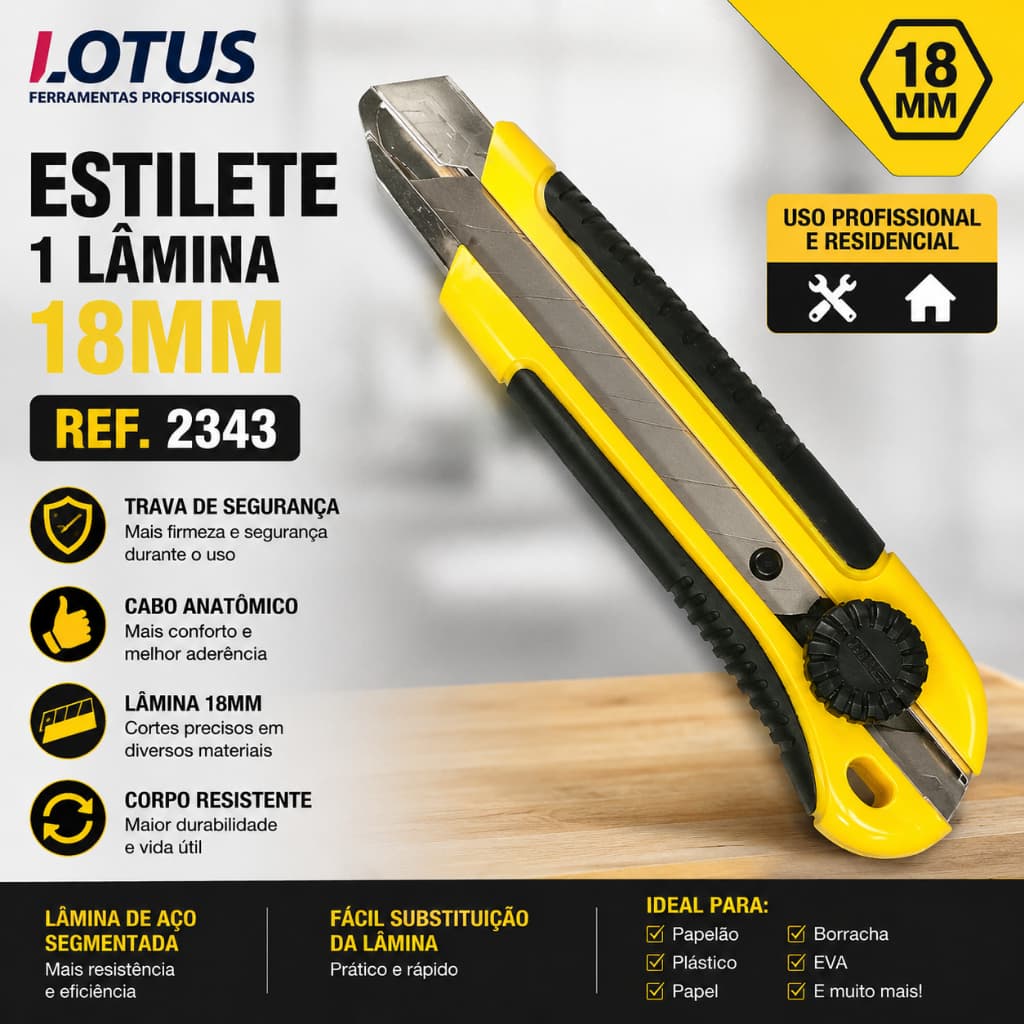 Estilete 1 Lâmina 18mm | 2343 | Uso Profissional E Doméstico | Com Trava | Corte Com Segurança
