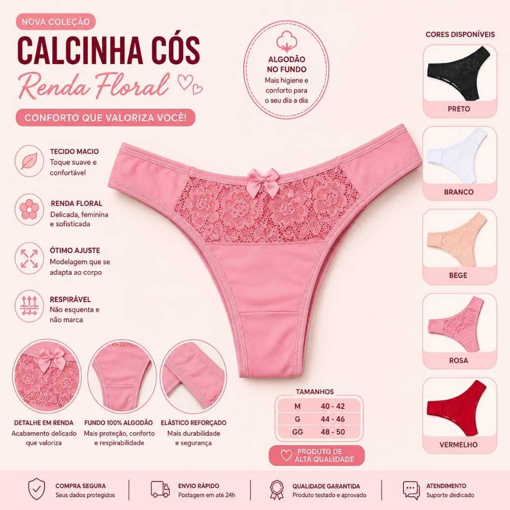Kit 3 Calcinhas Fio-Dental Renda Floral Cós Alto Fundo Algodão Elástico Reforçado Conforto Feminino M G GG