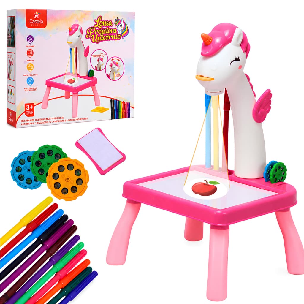 Mesa Projetora Infantil Desenho Unicórnio Rosa Brinquedo Educativo Led Com Canetas E Discos Castela