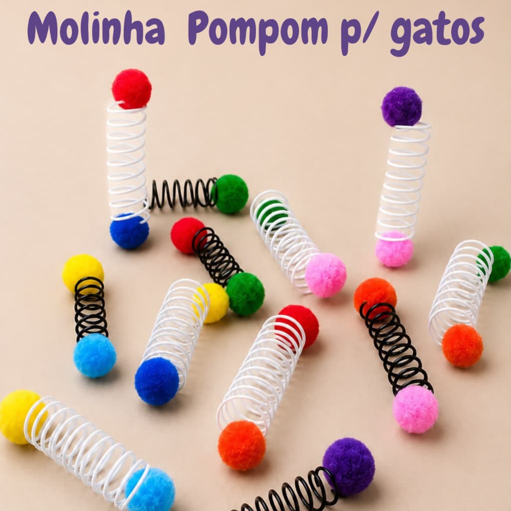 Kit Brinquedo Mola Pompom para Gatos-Mordedor Interativo Antiestresse-Estimula Caça e Diversão Pet