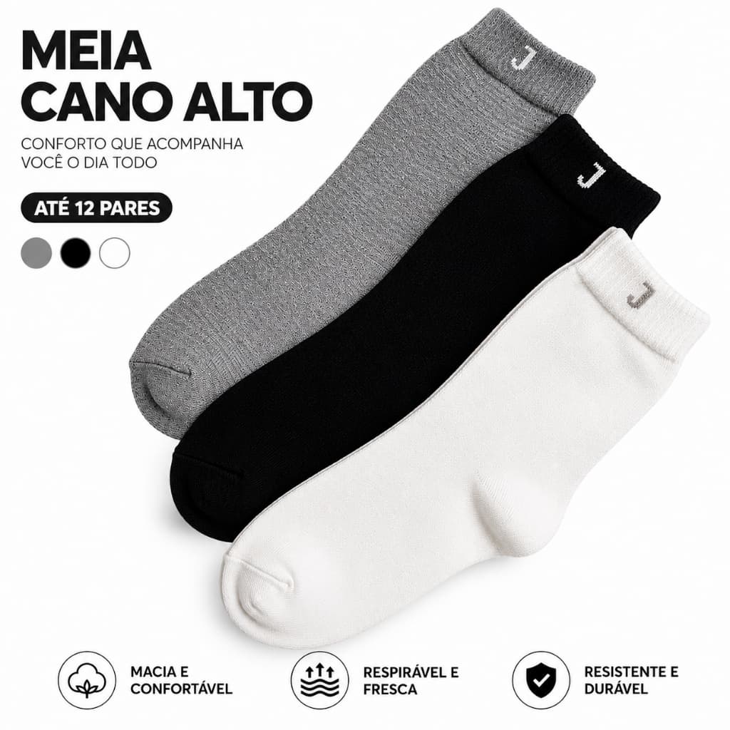 Meia Cano Alto Algodão Premium Respirável Confortável Academia Casual