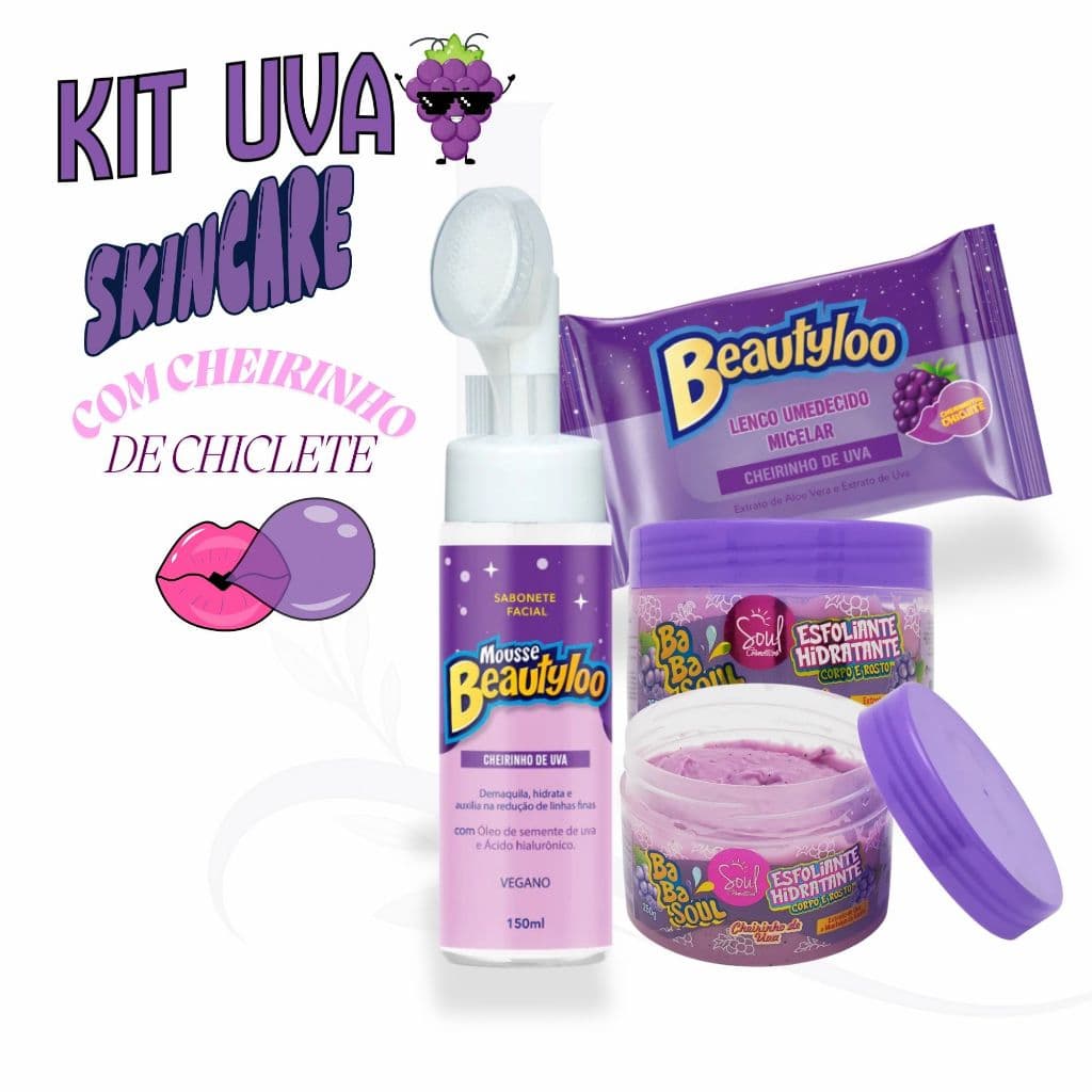 Kit Skincare Uva Beautyloo + Soul Cosméticos | Mousse Facial 150ml + Esfoliante 250g + Lenço Micelar 24 Folhas