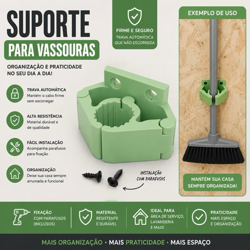 Suporte para Vassoura de Parede Organizador de Cabos Porta Vassoura Trava para Rodo Esfregão Lavanderia Garagem