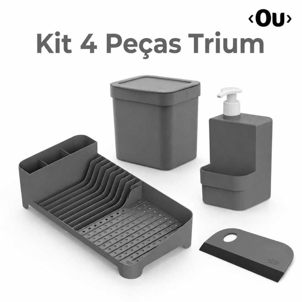 Kit Pia Completo Linha Trium Ou 1 Escorredor Louças 1 Lixeira 2,5L 1 Dispenser Detergente 500ml 1 Rodinho Cor Chumbo BPA