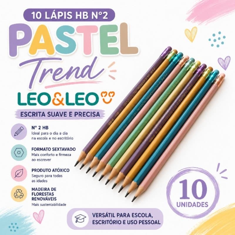 Lápis Preto HB Perolado Cor Pastel Trend com Borracha na Ponta Escrever Grafite da Marca Leo e Leo