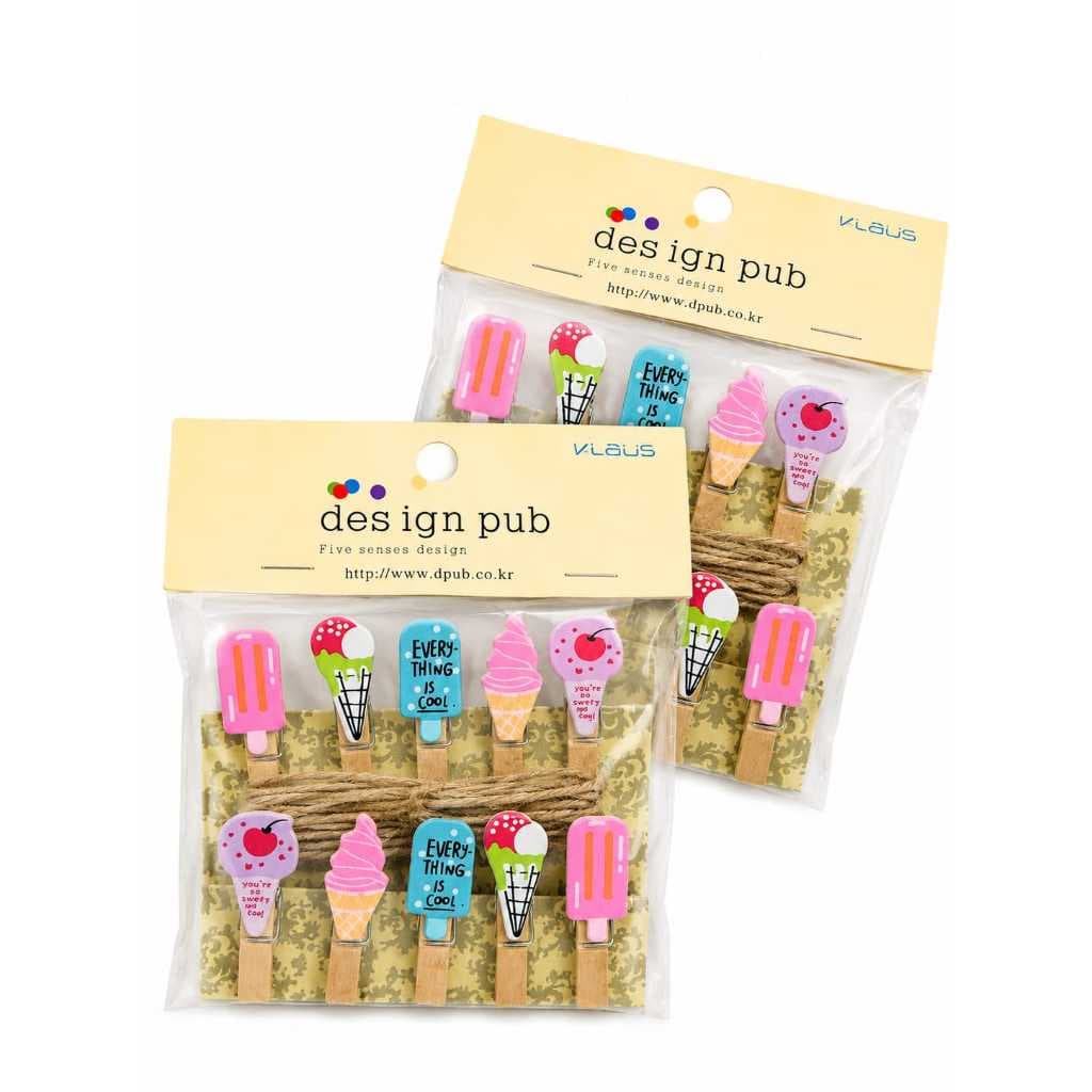 Kit com 10 Mini Prendedores Decorativos Sorvete Kawaii | Prendedores de Madeira para Fotos, Recados e Artesanato