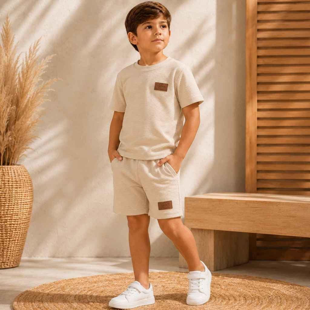 Conjunto Canelado Texturizado Masculino Infantil Casual Short e Camisa