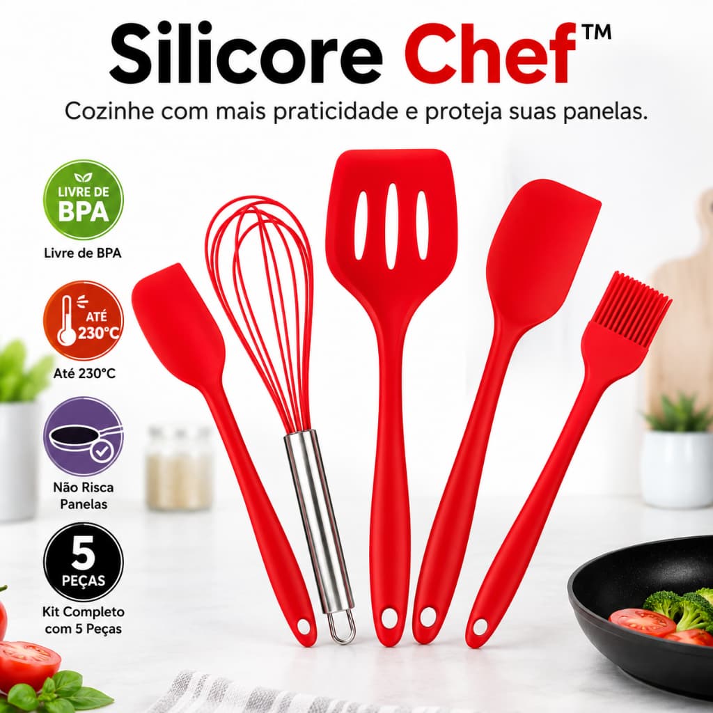 Kit Utensílios de Cozinha Silicone 5 Peças Silicore Chef Resistente ao Calor 230°C Livre de BPA Não Risca Panelas