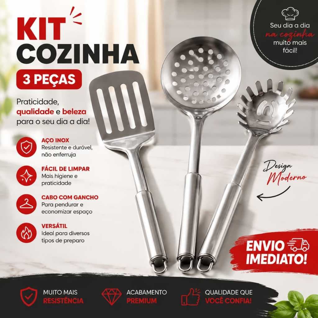 ​Kit Jogo Utensílios de Cozinha Aço  Inox Espátula Pegador de Massa Escumadeira Resistente