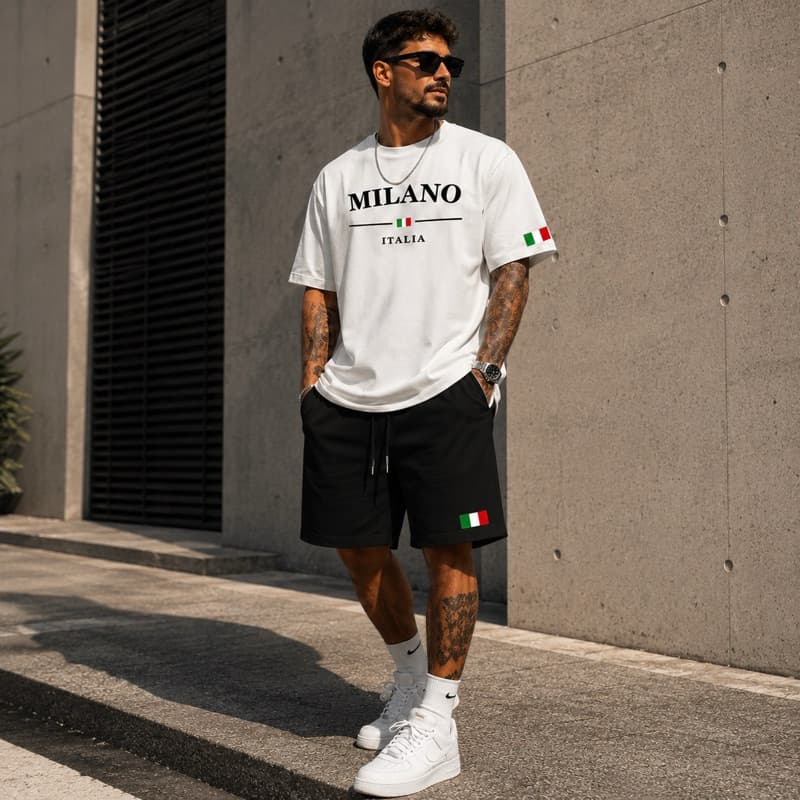Conjunto Camiseta e Short Tectel Kit Camisa Blusa Algodão + Bermuda Verão Milano Moderna Minimalista Estilosa