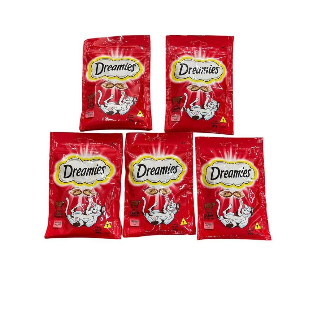 kit 5 Petisco Dreamies Gatos Adultos Sabor  Carne 80gr