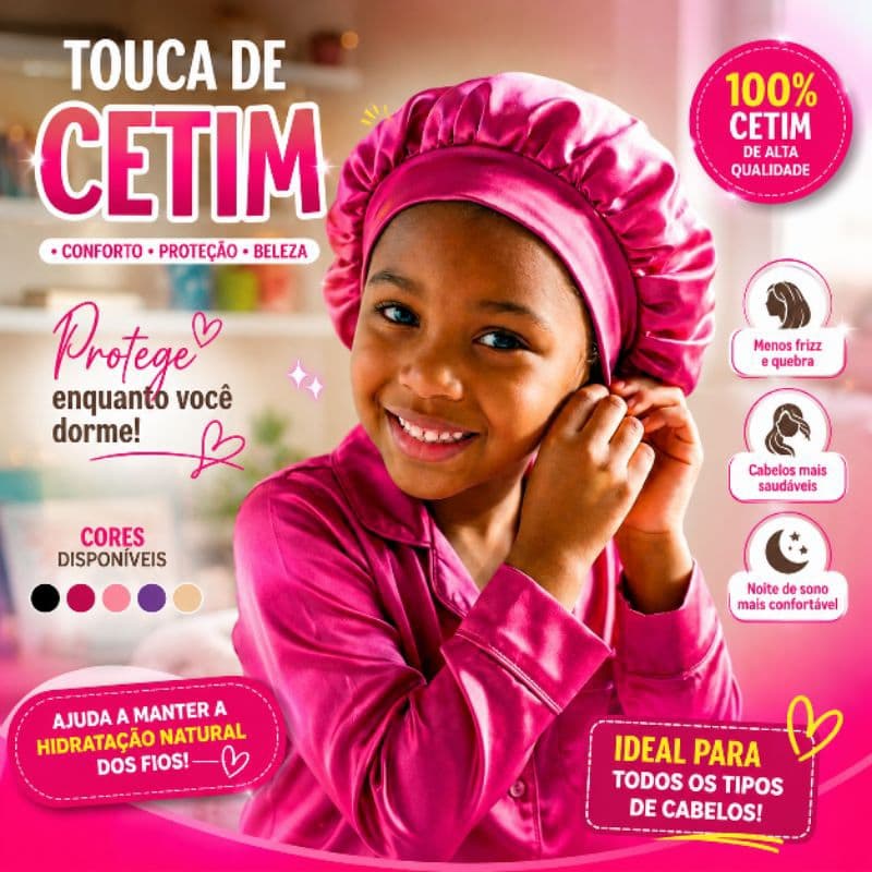 Touca  infantil de cetim antifrizz com faixa, touca dupla face