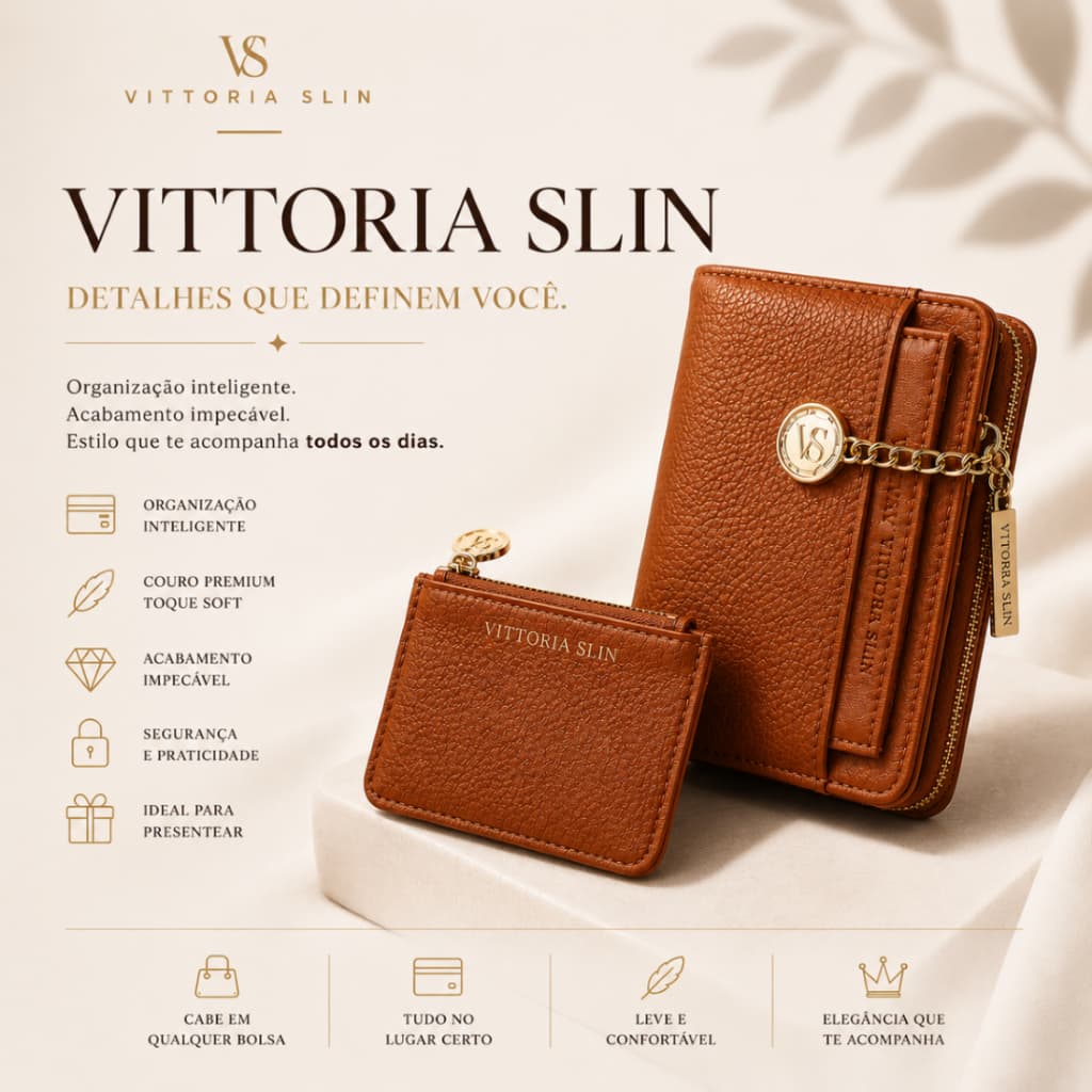 Carteira Feminina Vittoria Slin Couro Ecológico Premium Toque Soft Compacta Porta Moedas Porta Cartões Elegante Casual