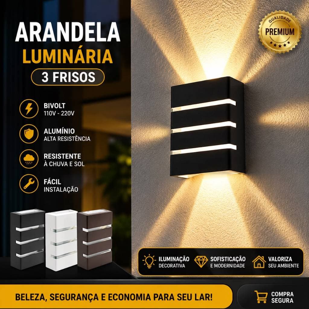 Arandela Luminária 3 Frisos Kit 05 Und Slim Moderna Sobrepor Externa/Interna Muro Parede Bivolt Led