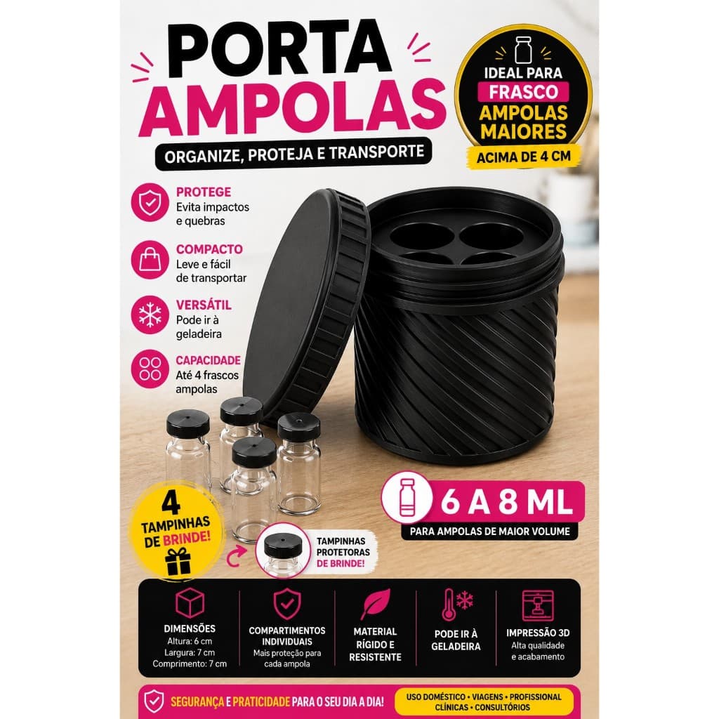 Porta Ampolas Grande 6 a 8 mL | Organizador para Transporte de Ampolas com 4 Compartimentos
