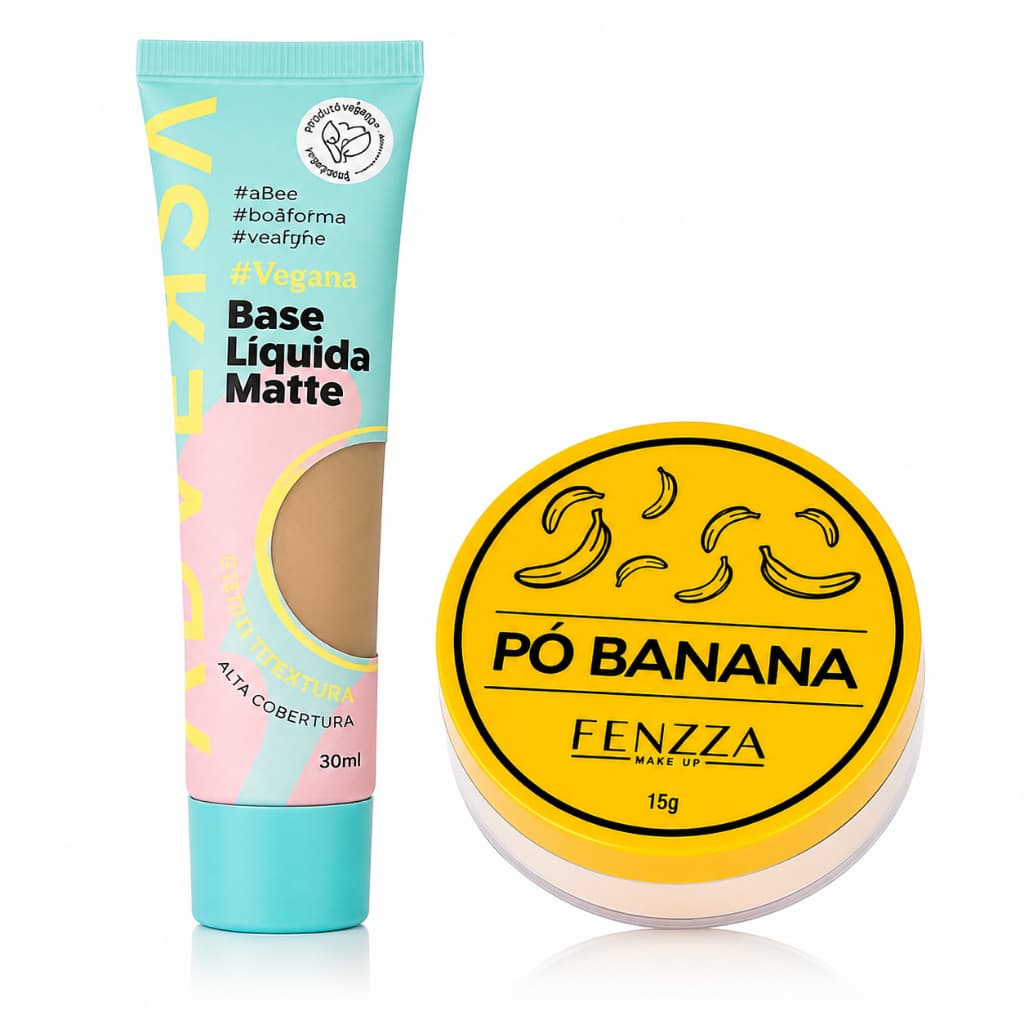 Kit Base Líquida Matte Adversa Vegana  Pó Banana Fenzza 15g Cobertura Alta Acabamento Matte Longa Duração