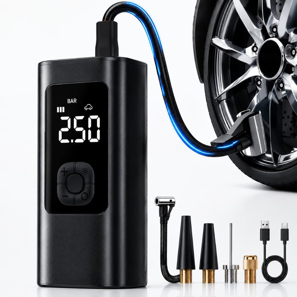 Bomba de Ar Elétrica 12V Compressor Portátil para Pneus de Carro, Moto, Bicicleta e Acessórios -M6