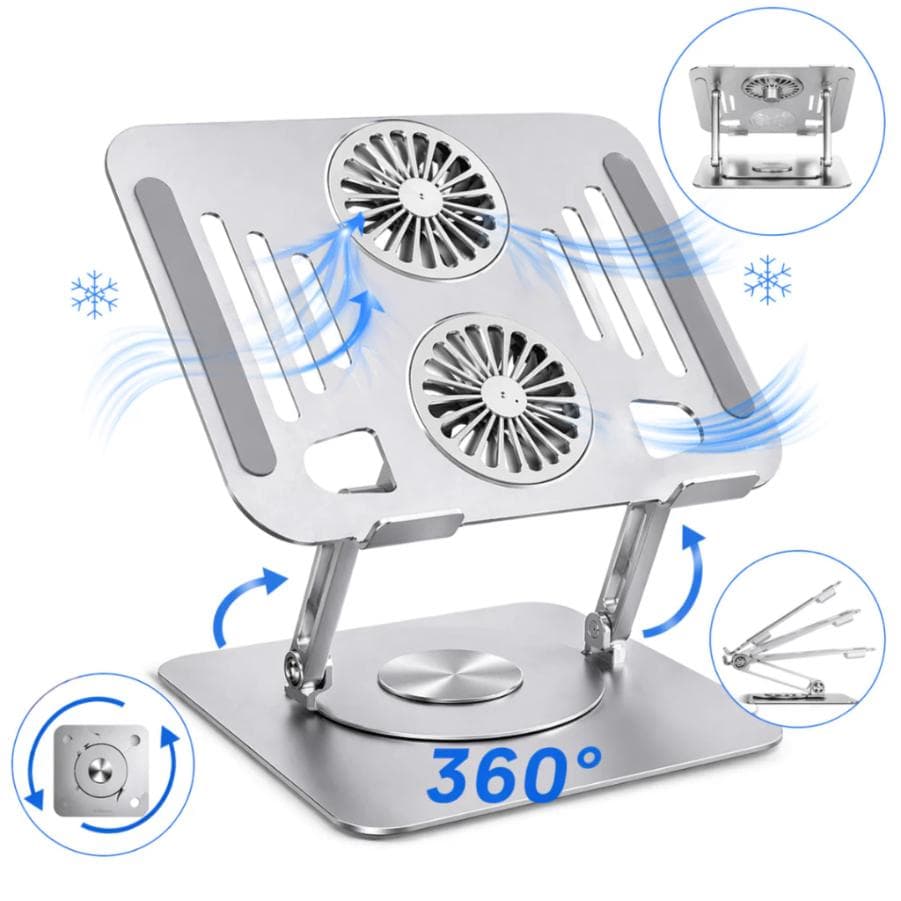 Suporte Notebook Alumínio 360° com Cooler Silencioso Ajustável e Base Ergonômica