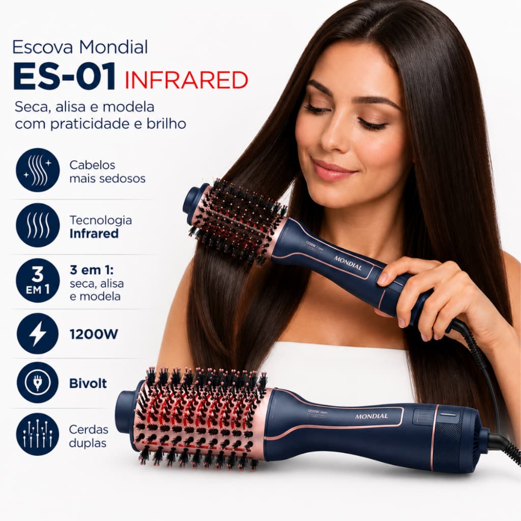 Escova Secadora Mondial ES-01-IR Infrared 1200W Bivolt Manual Íon Azul Golden Rose Ponta Fria Cerdas