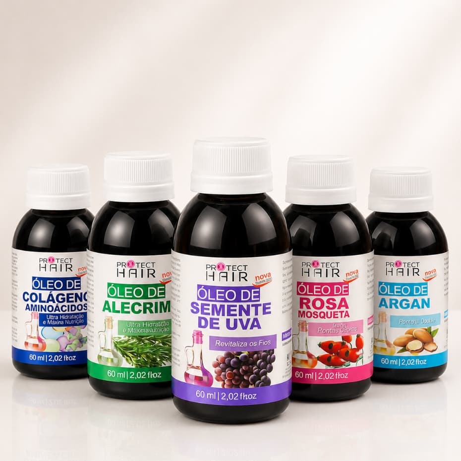 Kit 5 Óleos Vegetais Capilar Protect Hair – Argan, Alecrim, Rosa Mosqueta, Semente de Uva e Colágeno