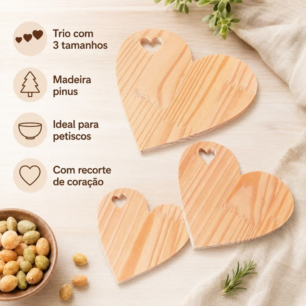 Kit Trio Tábuas Coração Pinus 15/20/25cm Petisqueira Frios Mesa Posta