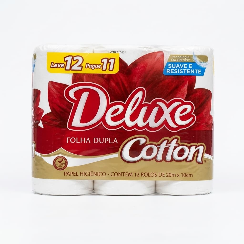 Papel Higiênico Deluxe Cotton Folha Dupla 12 Rolos 20m Leve 12 Pague 11 Macio Suave e Resistente