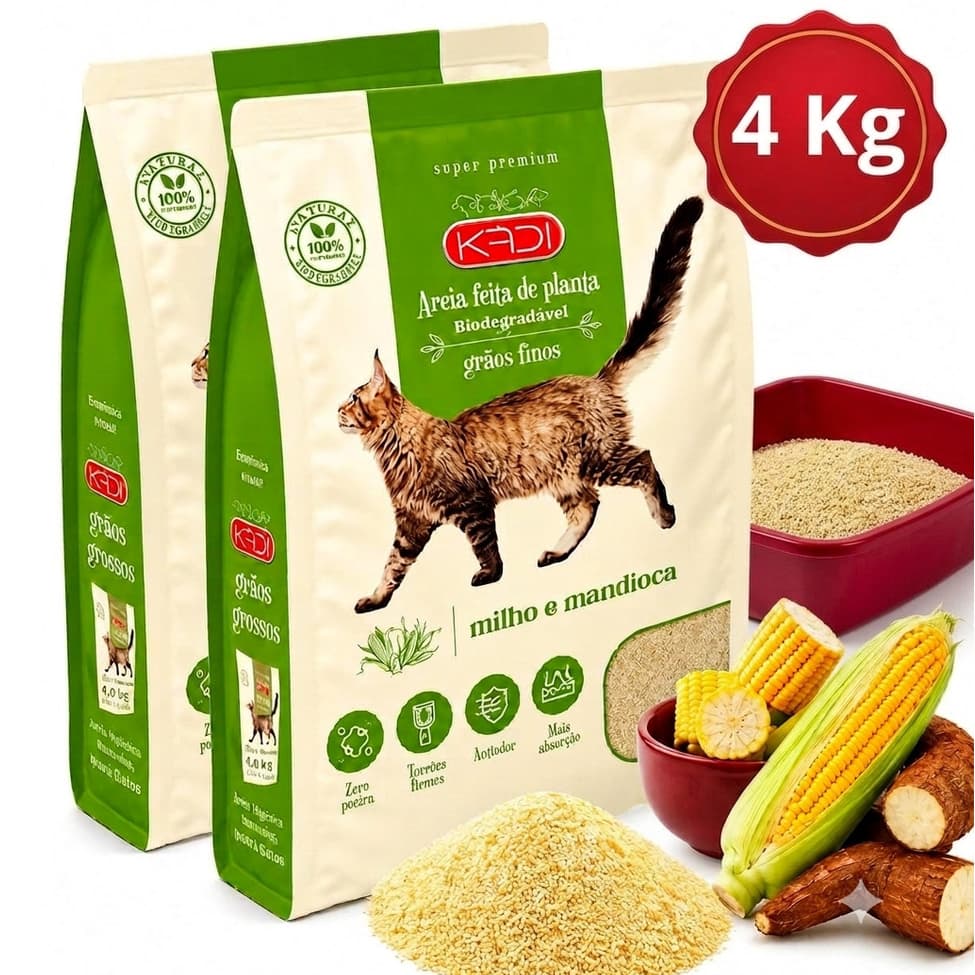 Kit 2 Pacotes Areia Kadi Higiênica Natural Milho e Mandioca Para Gatos Biodegradável de Grãos Finos - Envio Imediato -