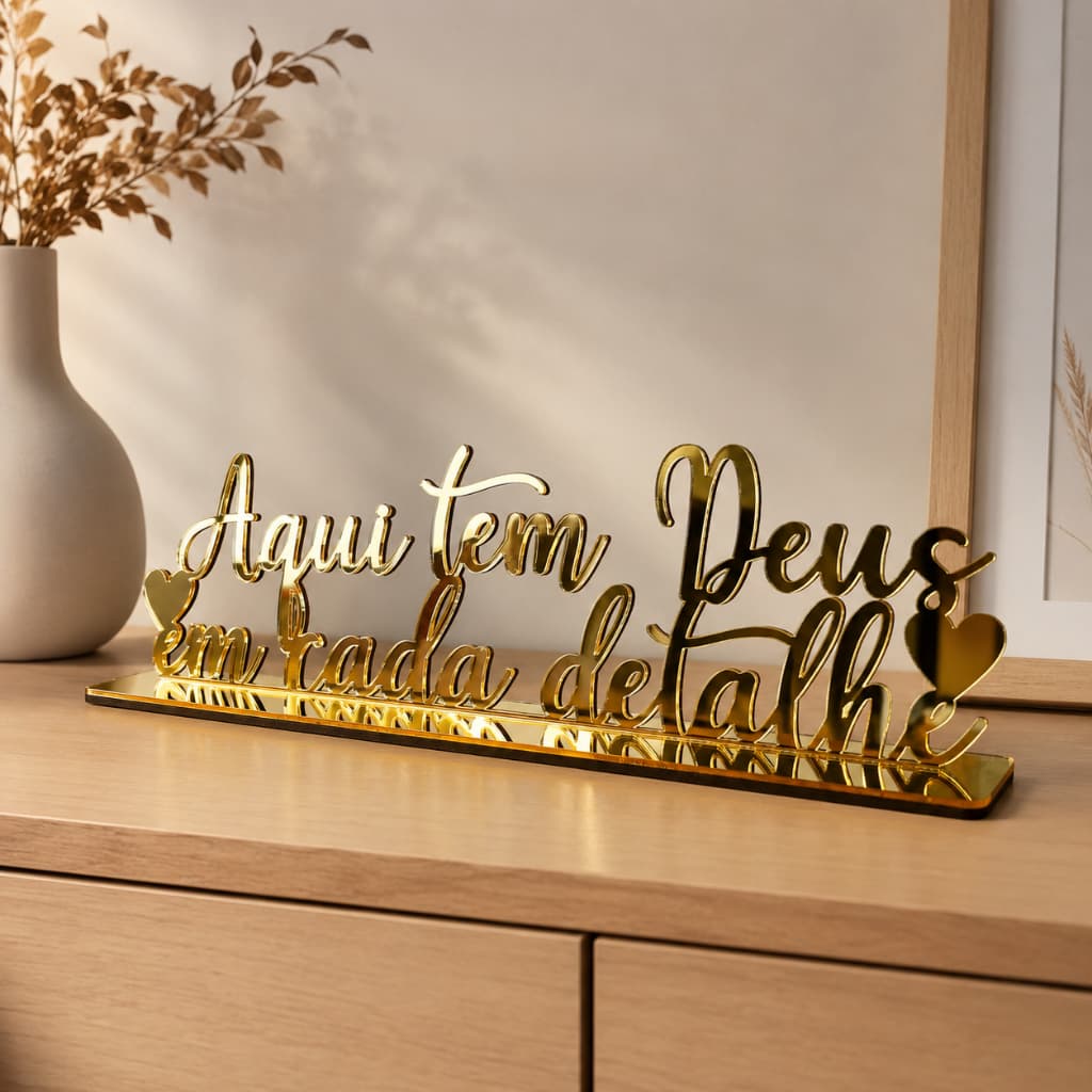 Frase Decorativa: Aqui tem Deus em Cada Detalhe - Decoração Estante - Acrílico Espelhado - Presente