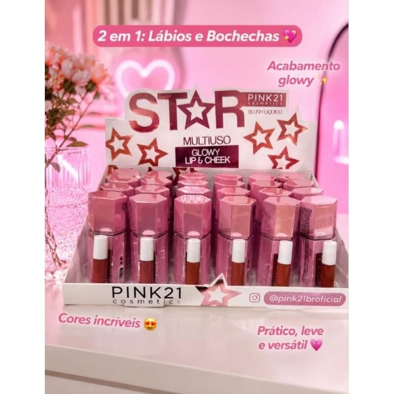 Blush Líquido Pink 21 Star Multiuso Glowy Lip & Cheek 2 em 1 para Lábios e Bochechas
