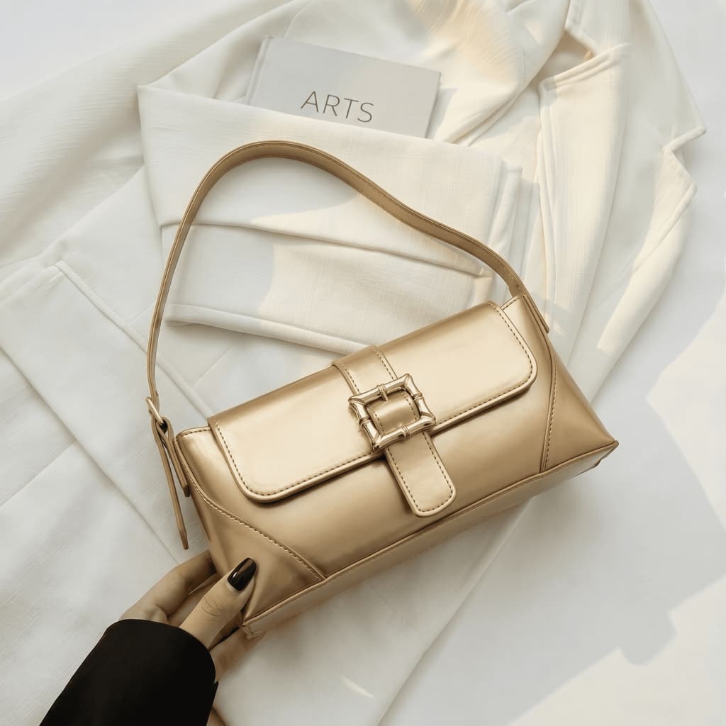 Bolsa Feminina  Fashion Luxo Casual com Alça de Ombro e Acabamento Dourado